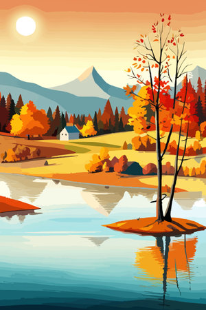 Beautiful autumn daytime landscape of a lake with mountains, trees and autumn leaves, firsのイラスト素材