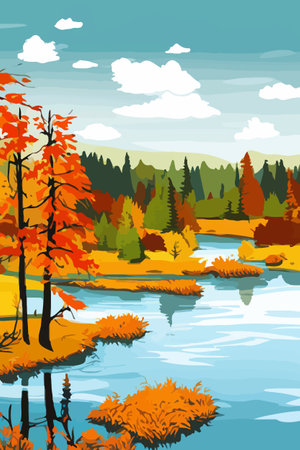 Beautiful autumn daytime landscape of a lake with mountains, trees and autumn leavesのイラスト素材