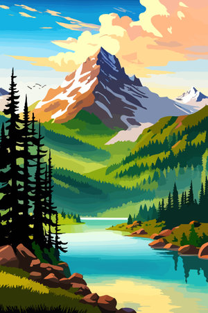 Seamless vector blue beautiful mountains patterned forest panorama illustration Mountainのイラスト素材