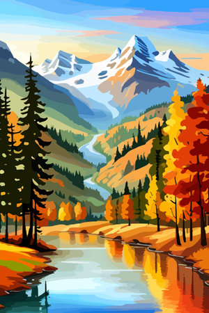Beautiful autumn daytime landscape of a lake with mountains, trees and autumn leavesのイラスト素材
