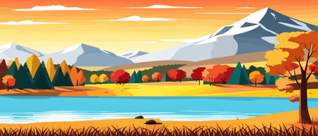 Autumn landscape with trees, mountains, fields, leaves. Rural landscape. Autumn background. Vector illustration horizontal bannerのイラスト素材