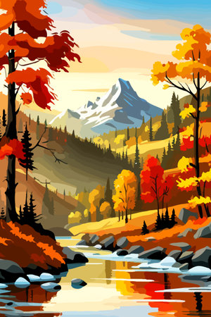 Beautiful autumn daytime landscape of a lake with mountains, trees and autumn leavesのイラスト素材