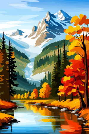Beautiful autumn daytime landscape of a lake with mountains, trees and autumn leavesのイラスト素材