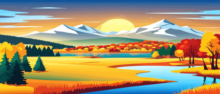 Autumn landscape with trees, mountains, fields, leaves. Rural landscape. Autumn background. Vector illustration horizontal bannerのイラスト素材