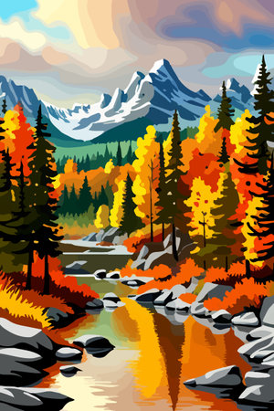 Beautiful autumn daytime landscape of a lake with mountains, trees and autumn leavesのイラスト素材