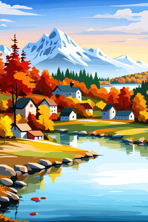 Beautiful autumn daytime landscape of a lake with mountains, trees and autumn leaves, firsのイラスト素材