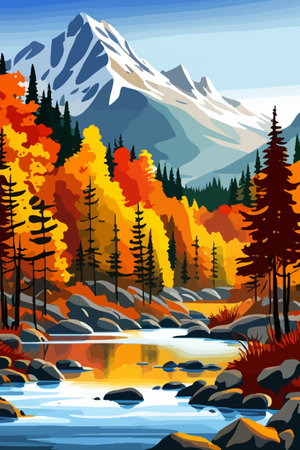 Beautiful autumn daytime landscape of a lake with mountains, trees and autumn leavesのイラスト素材