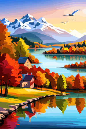 Beautiful autumn daytime landscape of a lake with mountains, trees and autumn leaves, firsのイラスト素材