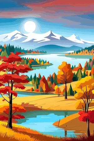 Beautiful autumn daytime landscape of a lake with mountains, trees and autumn leaves, firsのイラスト素材
