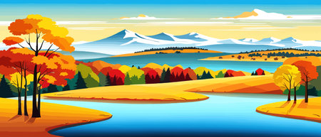 Autumn landscape with trees, mountains, fields, leaves. Rural landscape. Autumn background. Vector illustration horizontal bannerのイラスト素材