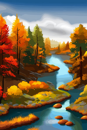 Beautiful autumn daytime landscape of a lake with mountains, trees and autumn leavesのイラスト素材