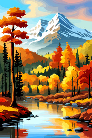 Beautiful autumn daytime landscape of a lake with mountains, trees and autumn leavesのイラスト素材