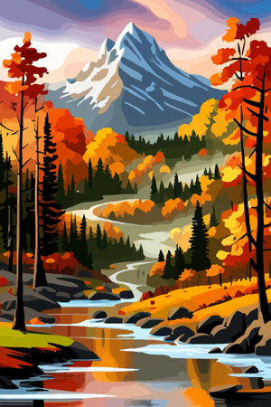 Beautiful autumn daytime landscape of a lake with mountains, trees and autumn leavesのイラスト素材