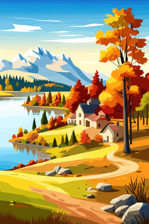 Beautiful autumn daytime landscape of a lake with mountains, trees and autumn leaves, firsのイラスト素材