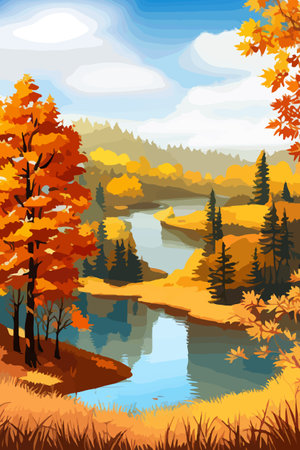 Beautiful autumn daytime landscape of a lake with mountains, trees and autumn leavesのイラスト素材