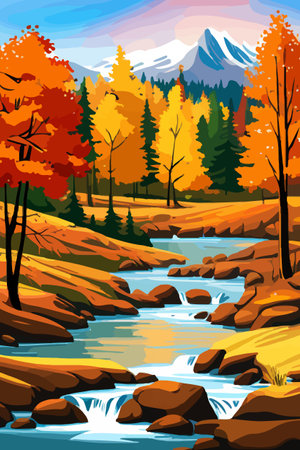 Beautiful autumn daytime landscape of a lake with mountains, trees and autumn leavesのイラスト素材