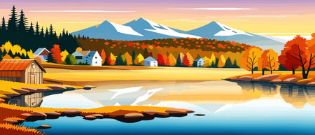 Autumn landscape with trees, mountains, fields, leaves. Rural landscape. Autumn background. Vector illustration horizontal bannerのイラスト素材
