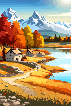 Beautiful autumn daytime landscape of a lake with mountains, trees and autumn leaves, firsのイラスト素材