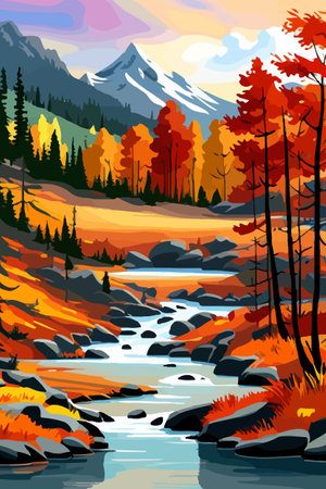 Beautiful autumn daytime landscape of a lake with mountains, trees and autumn leavesのイラスト素材
