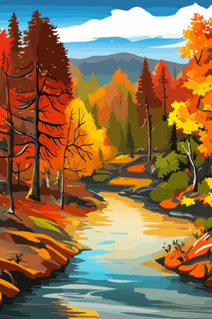 Beautiful autumn daytime landscape of a lake with mountains, trees and autumn leavesのイラスト素材