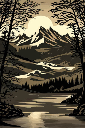 Seamless vector blue beautiful mountains patterned forest panorama illustration Mountainのイラスト素材