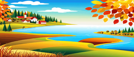 Autumn landscape with trees, mountains, fields, leaves. Rural landscape. Autumn background. Vector illustration horizontal banner