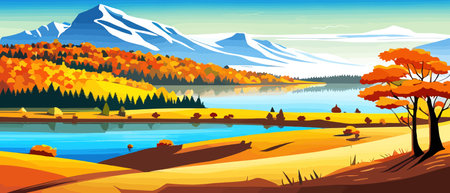Autumn landscape with trees, mountains, fields, leaves. Rural landscape. Autumn background. Vector illustration horizontal bannerのイラスト素材