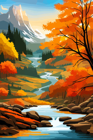 Beautiful autumn daytime landscape of a lake with mountains, trees and autumn leavesのイラスト素材