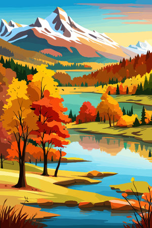 Beautiful autumn daytime landscape of a lake with mountains, trees and autumn leaves, firsのイラスト素材