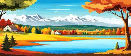 Autumn landscape with trees, mountains, fields, leaves. Rural landscape. Autumn background. Vector illustration horizontal bannerのイラスト素材