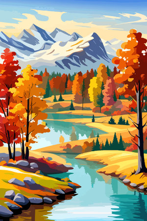 Beautiful autumn daytime landscape of a lake with mountains, trees and autumn leaves, firsのイラスト素材