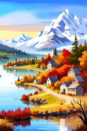 Beautiful autumn daytime landscape of a lake with mountains, trees and autumn leaves, firsのイラスト素材