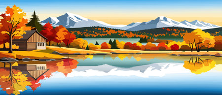 Autumn landscape with trees, mountains, fields, leaves. Rural landscape. Autumn background. Vector illustration horizontal bannerのイラスト素材