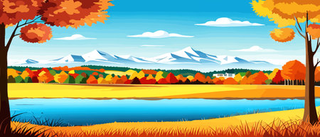 Autumn landscape with trees, mountains, fields, leaves. Rural landscape. Autumn background. Vector illustration horizontal banner