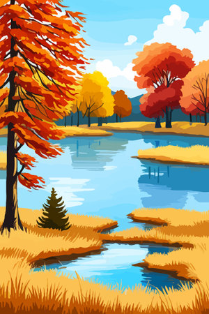 Beautiful autumn daytime landscape of a lake with mountains, trees and autumn leavesのイラスト素材