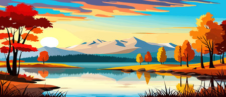 Autumn landscape with trees, mountains, fields, leaves. Rural landscape. Autumn background. Vector illustration horizontal bannerのイラスト素材