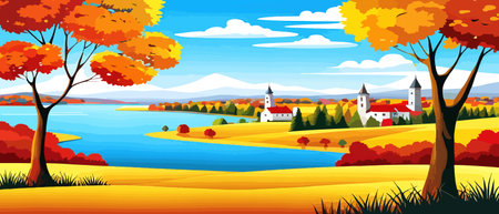 Autumn landscape with trees, mountains, fields, leaves. Rural landscape. Autumn background. Vector illustration horizontal bannerのイラスト素材