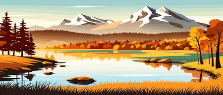 Autumn landscape with trees, mountains, fields, leaves. Rural landscape. Autumn background. Vector illustration horizontal bannerのイラスト素材