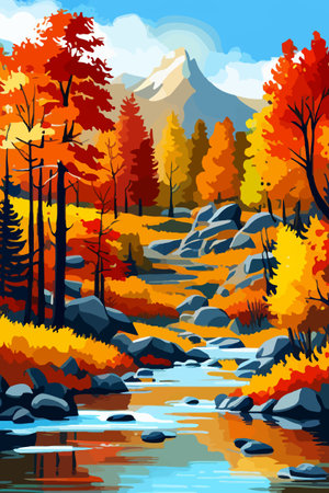 Beautiful autumn daytime landscape of a lake with mountains, trees and autumn leavesのイラスト素材