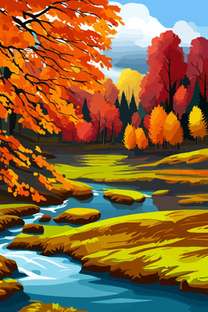 Beautiful autumn daytime landscape of a lake with mountains, trees and autumn leavesのイラスト素材