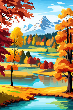 Beautiful autumn daytime landscape of a lake with mountains, trees and autumn leaves, firsのイラスト素材