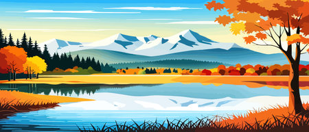 Autumn landscape with trees, mountains, fields, leaves. Rural landscape. Autumn background. Vector illustration horizontal banner