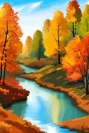 Beautiful autumn daytime landscape of a lake with mountains, trees and autumn leavesのイラスト素材
