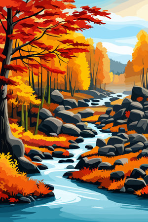 Beautiful autumn daytime landscape of a lake with mountains, trees and autumn leavesのイラスト素材
