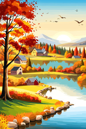 Beautiful autumn daytime landscape of a lake with mountains, trees and autumn leaves, firsのイラスト素材