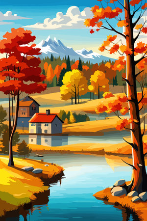 Beautiful autumn daytime landscape of a lake with mountains, trees and autumn leaves, firsのイラスト素材