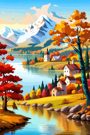 Beautiful autumn daytime landscape of a lake with mountains, trees and autumn leaves, firsのイラスト素材