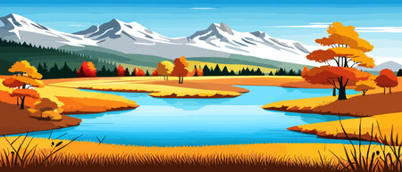 Autumn landscape with trees, mountains, fields, leaves. Rural landscape. Autumn background. Vector illustration horizontal bannerのイラスト素材