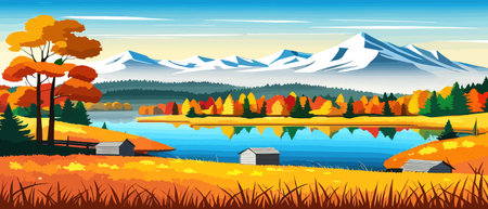 Autumn landscape with trees, mountains, fields, leaves. Rural landscape. Autumn background. Vector illustration horizontal bannerのイラスト素材