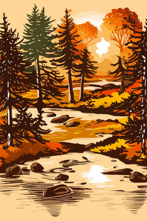 Beautiful autumn daytime landscape of a lake with mountains, trees and autumn leavesのイラスト素材